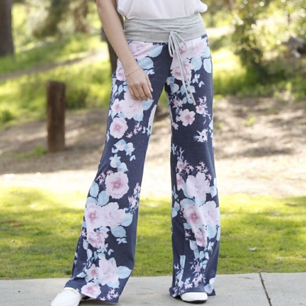 Navy Blue Floral Draw String Wide Leg Pants Woman’s Size XXL